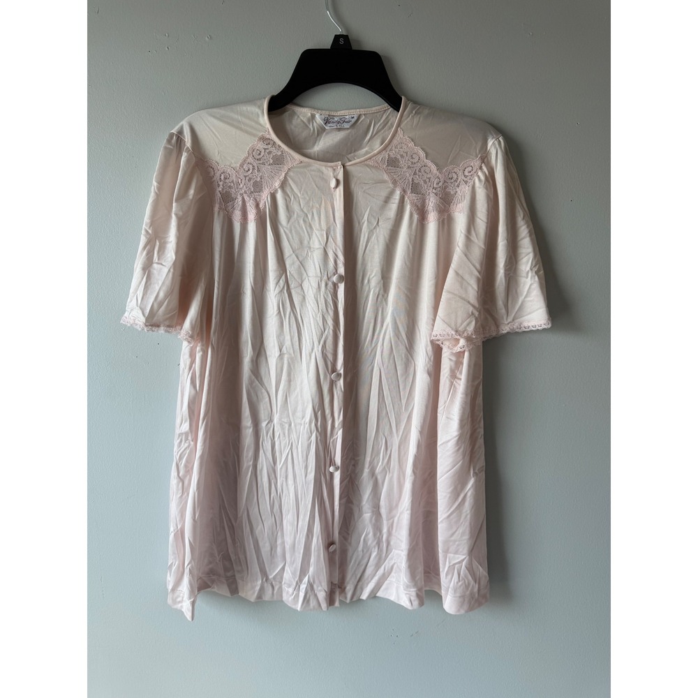 Vintage Vanity Fair Pink Lace Bed Top Short Sleeve Button Front Sleepwear M